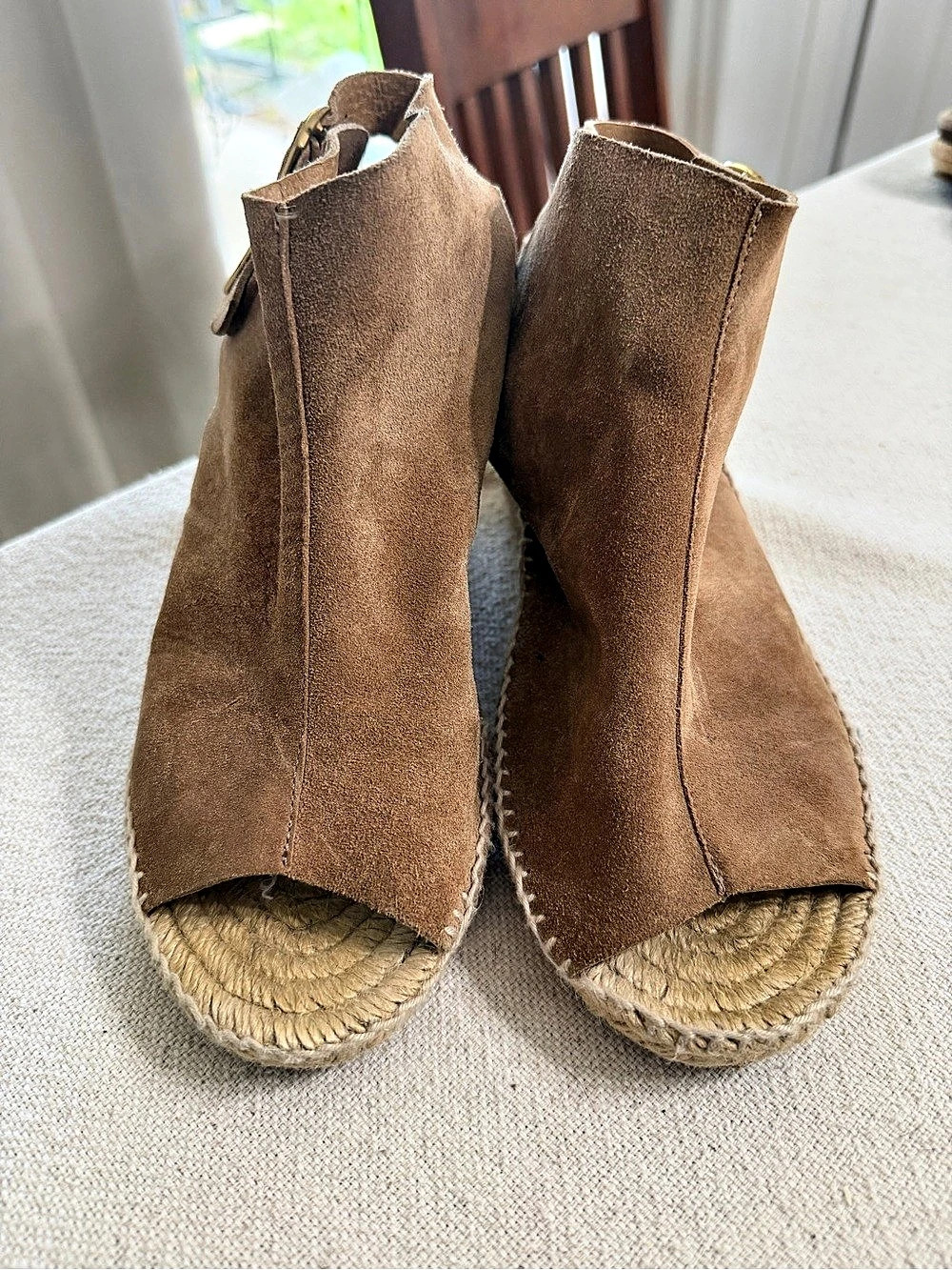 KANNA tan suede espadrille wedge sandals peep-toe & dual buckles EU 38 US 7.5